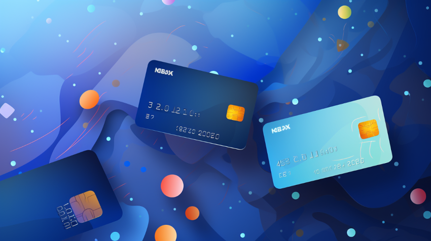 Bild på tre kreditkort mot blå bakgrund.